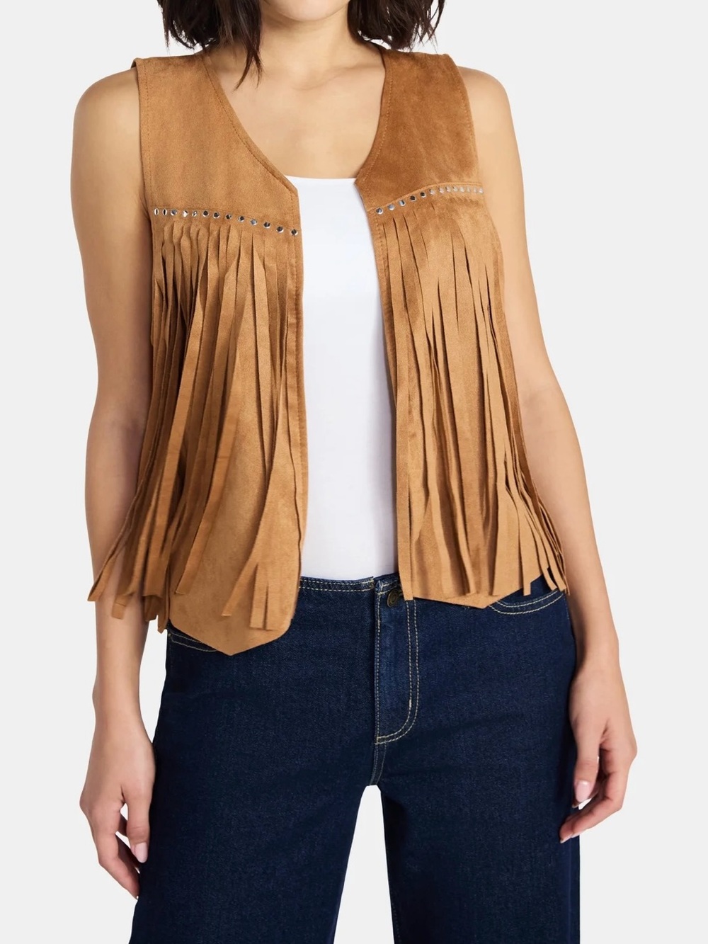 Fringe Suede Vest Tank Top - Tan